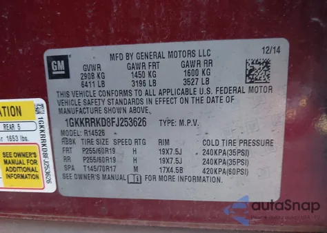 2015 GMC Acadia Slt-1 from USA, damaged, VIN 1GKKRRKD8FJ253626